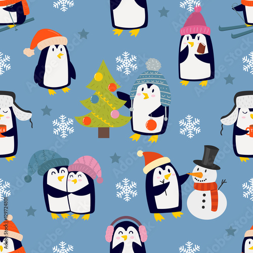 Christmas penguins seamless pattern vector.