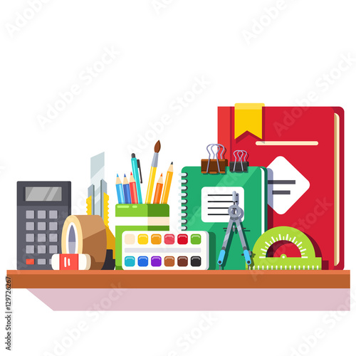 School student stationary supplies on the shelf