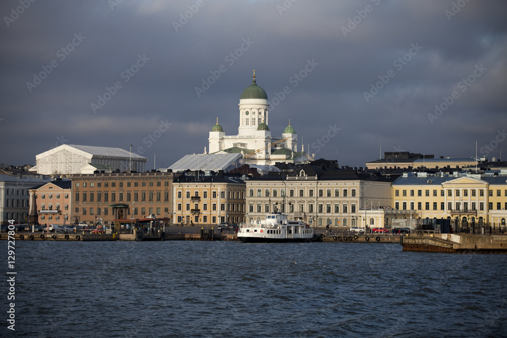 View on the port of Helsinki with the cathedral in the background