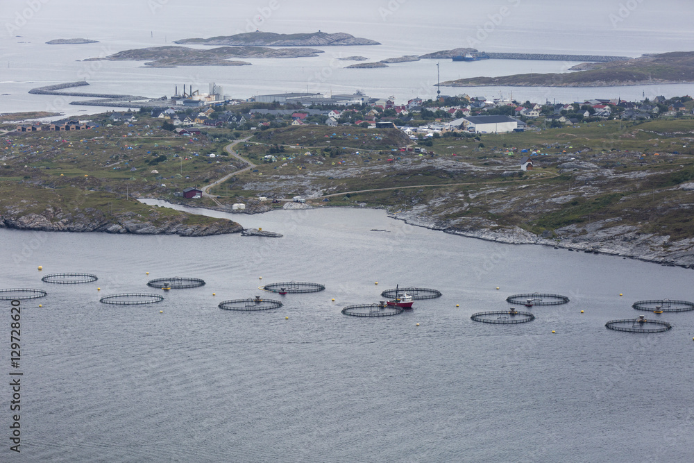 Obraz premium Norwegian landscape with fish farm in a fjord, taken during the Traenafestival, music festival taking place on the small island of Traena