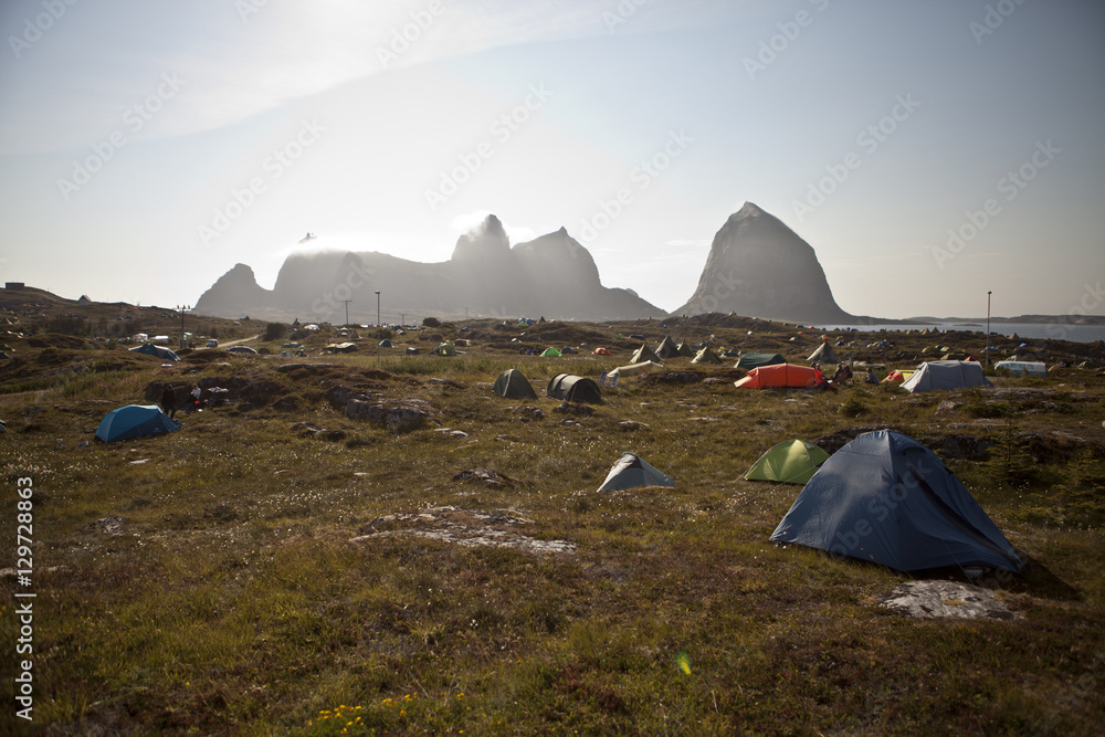 Traena, Norway - July 10 to 12 2014: campsite, Traenafestival, music festival taking place on the small island of Traena