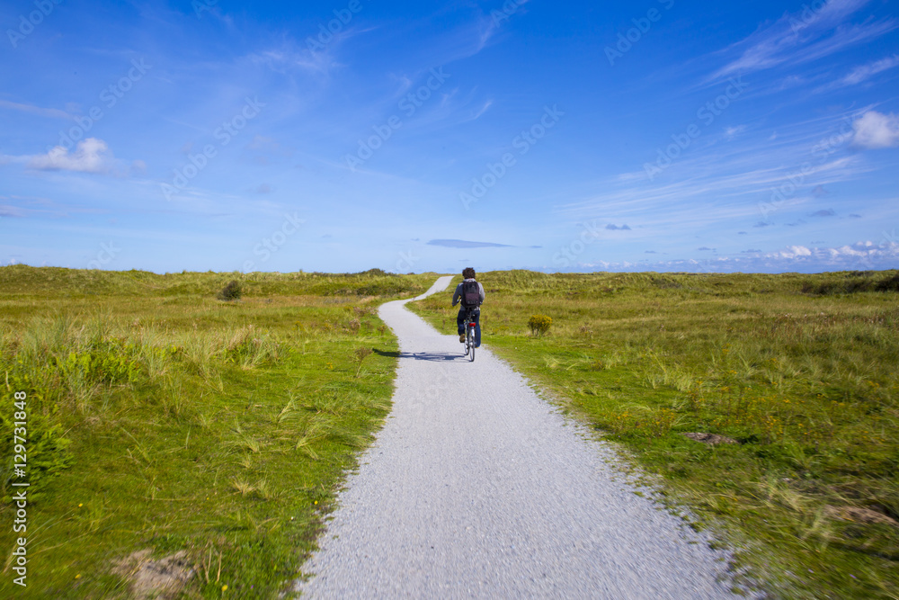 Obraz premium People cycling on a bike path through the dune landscape of Frisian Island Amsland, the Netherlands