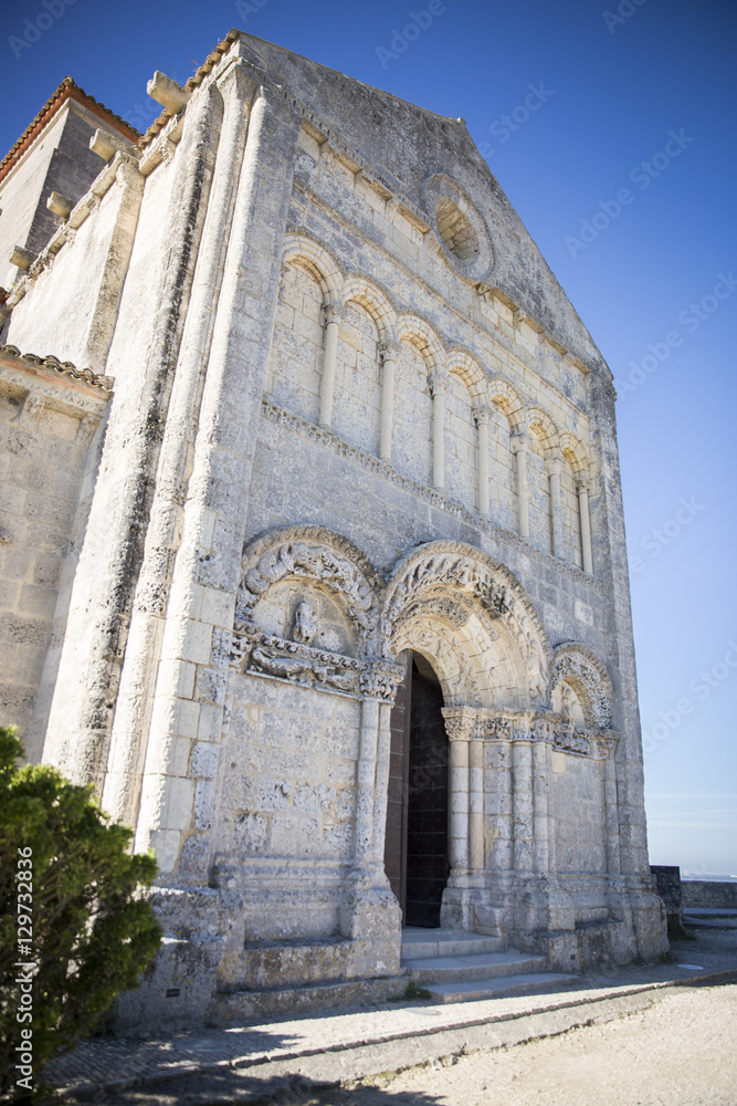 front facade of Sainte-Radegonde medieval Church, Talmont sur Gironde, Charente Maritime, France