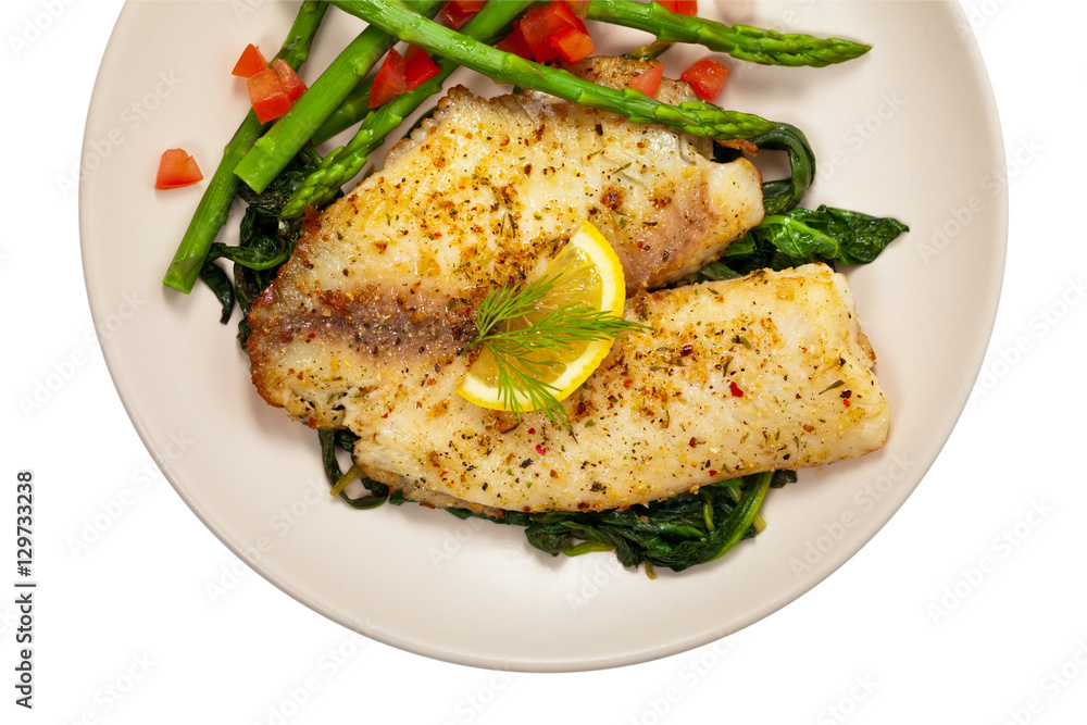Baked Whitefish Tilapia Fish Fillet Isolated on White. Selective focus. Baked Whitefish Tilapia Fish Fillet Isolated on White. Selective focus.