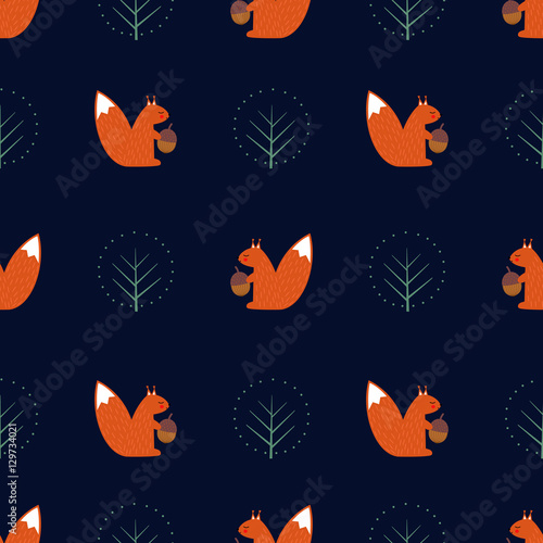 Squirrel with acorn and decorative tree seamless pattern on dark blue background. Cute cartoon animal illustration. Design for fabric, textile, decor, wallpaper.
