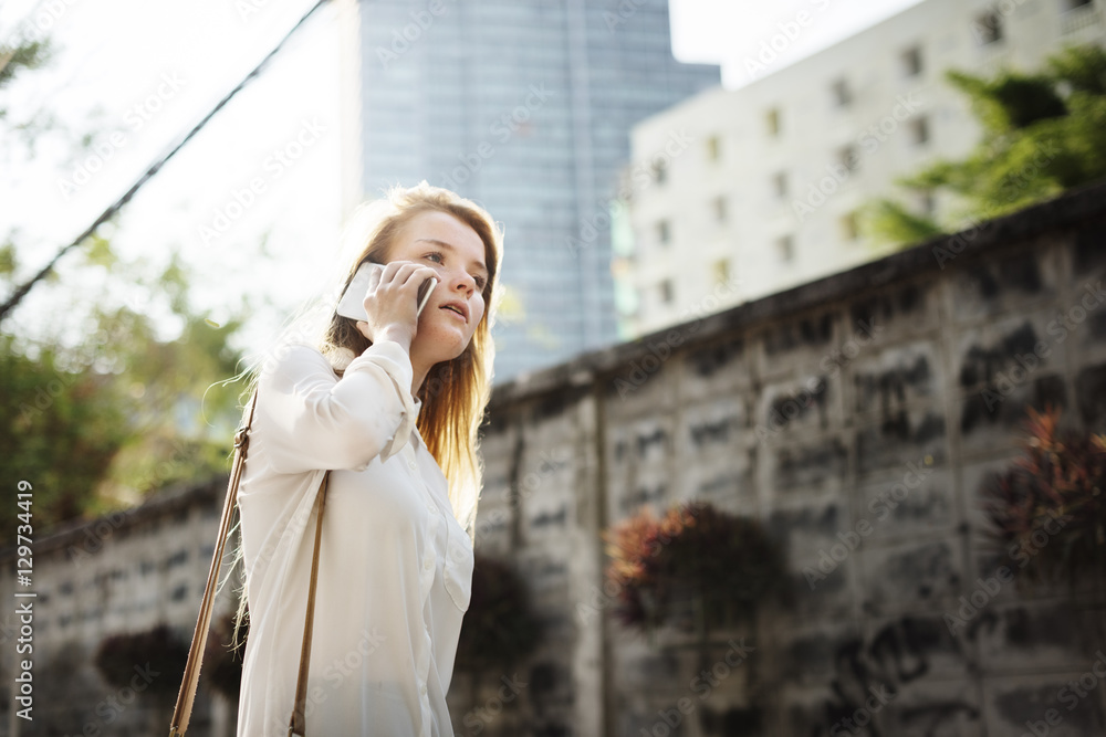 Fototapeta premium Casual Cheerful Girl Alone Outdoor Recreation Concept