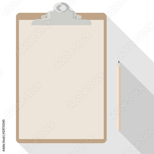 flat vector pencil and A4 blank sheet of kraft paper on a clipboard on white background with long shadow effect