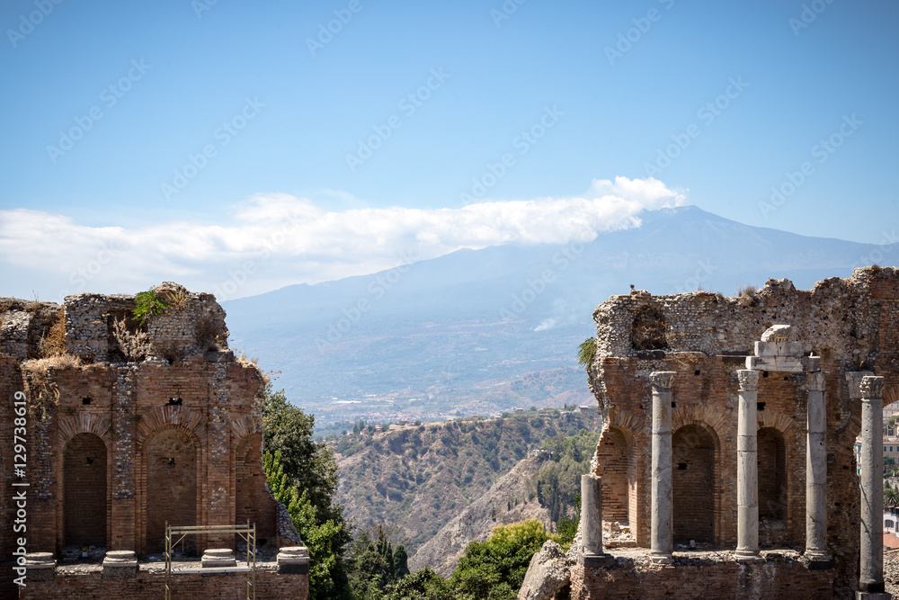 View of Mt. Etna in Taormina, Sicily.