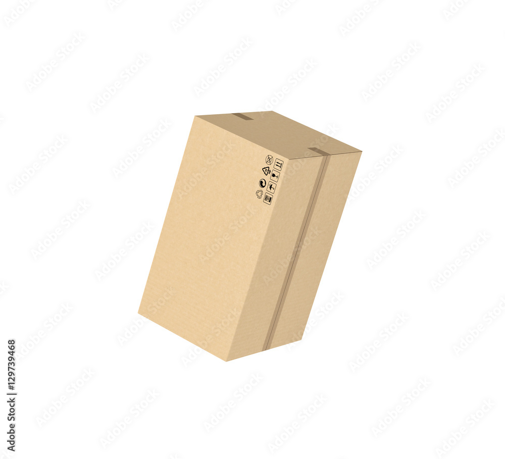 Rendering of closed light beige cardboard mail box taped with duct tape, isolated on the white background. Rendering of closed light beige cardboard mail box taped with duct tape, isolated on the white background.