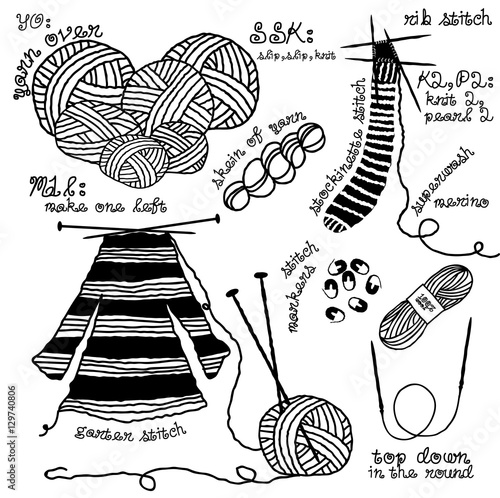 Knitting Tools and Accessories, including balls of yarn, wool skeins and needles