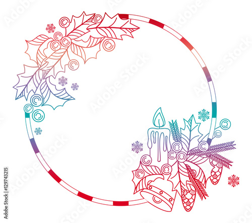 Outline gradient round frame with Christmas bell and lighting candle.