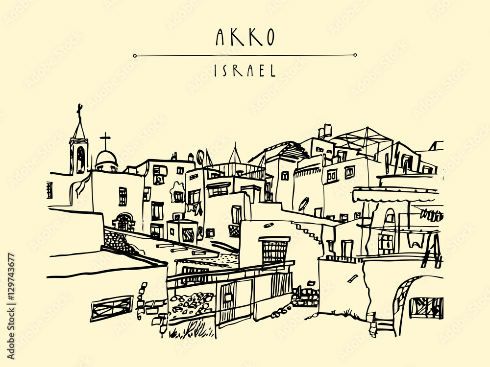 Akko, Israel. Travel sketch. Vintage artistic hand hand drawn postcard or poster