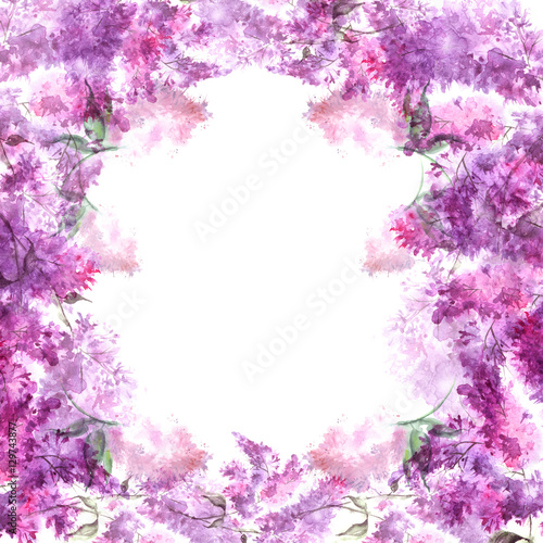  Watercolor, floral, vintage frame, framing, decoration.Branch of lilac flowers. Beautiful, fashion illustration 