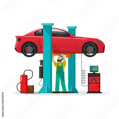 Car repair shop station vector illustration, slat style repairman working under lifted auto using diagnostics tools equipment, mechanic man repairing automobile in workshop garage isolated on white