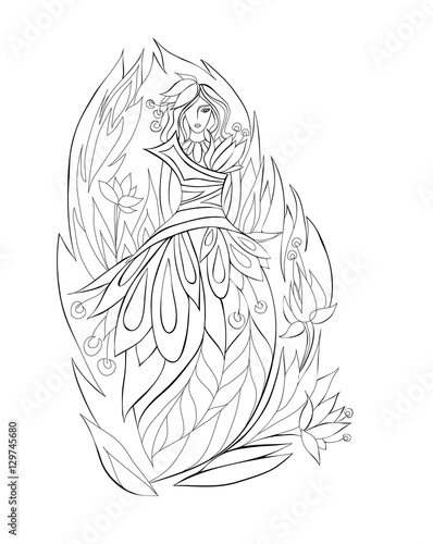 Coloring book page with beautiful woman. Vector illustration hand drawn. Line art.