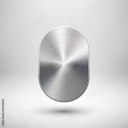 Abstract technology geometric badge, blank button template with metal texture, chrome, silver, steel and realistic shadow for logo, design concepts, prints, web, interfaces, UI. Vector illustration.