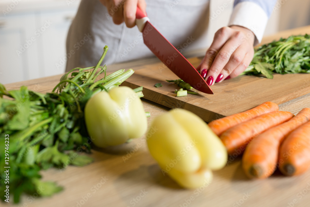 Young Woman Cooking in the kitchen. Healthy Food - Vegetable Sal Young Woman Cooking in the kitchen. Healthy Food - Vegetable Sal