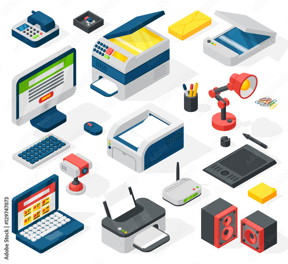Isometric office equipment vector Isometric office equipment vector
