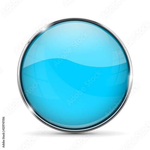 Blue glass button. Web shiny 3d icon with metal frame
