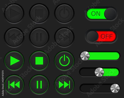Set of media player buttons. User interface icon collection. Black and green
