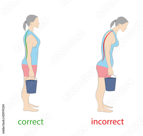 correct and incorrect posture woman bucket. medical advice not to injure the spine. vector illustration.