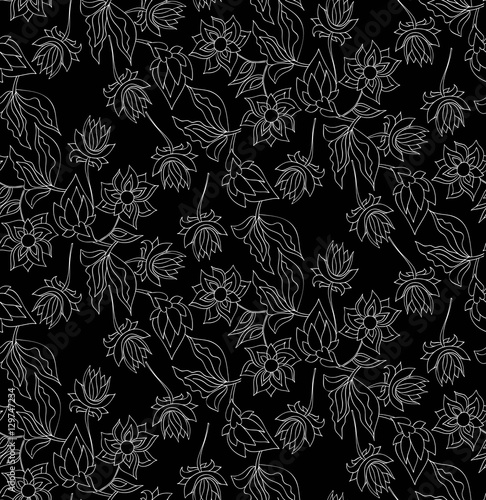 Floral seamless background pattern pattern with fantasy flowers. Line art. Vector illustration hand drawn.