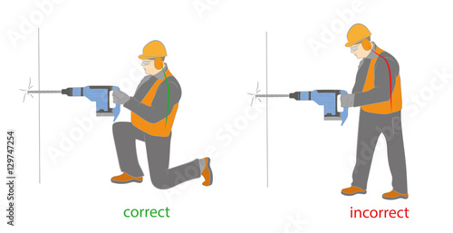 correct and incorrect posture for work with a drill (hammer). vector illustration.