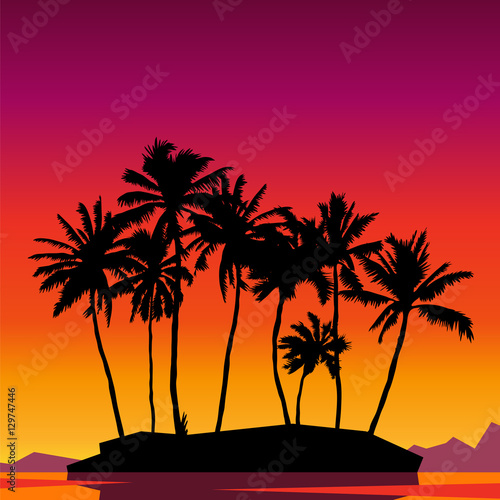 Beautiful sunset scene with palm trees