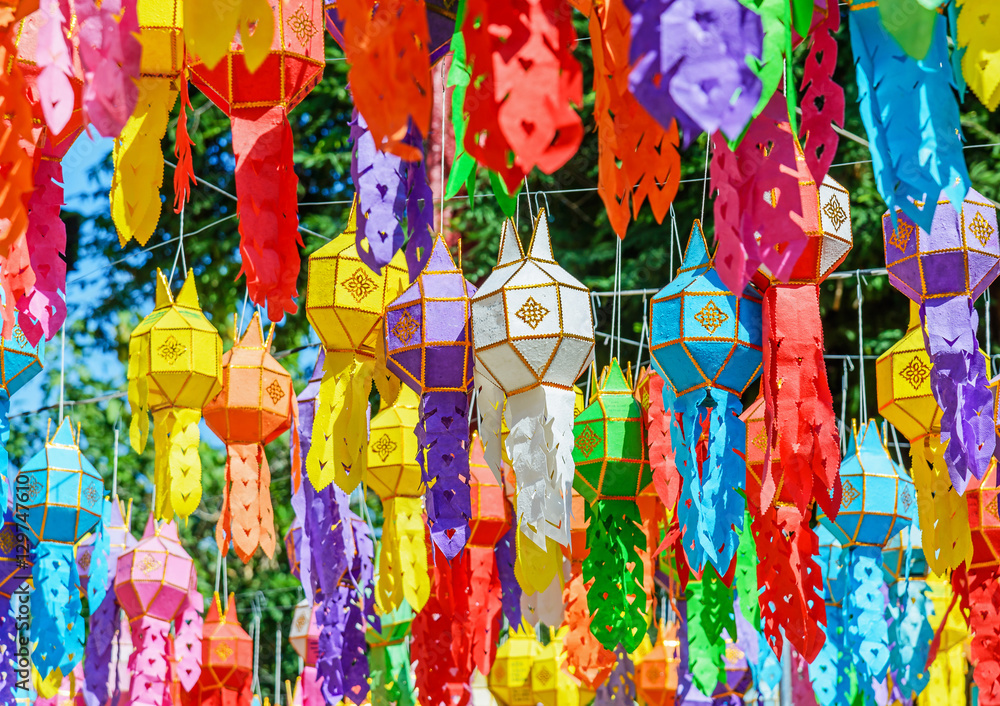 Festive hanging lanterns, Yee Peng Festival, Chiang Mai, Thailan