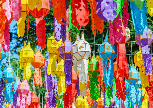 Festive hanging lanterns, Yee Peng Festival, Chiang Mai, Thailan photo