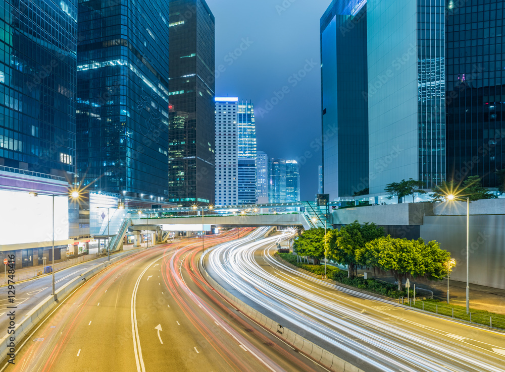 Traffic light trails in downtown of Hong Kong,China.