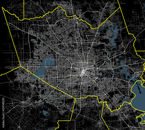 Black and white map of Houston city. Texas Roads