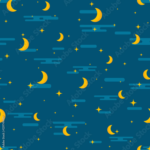 Night sky seamless pattern design. Moon, stars and clouds repeti