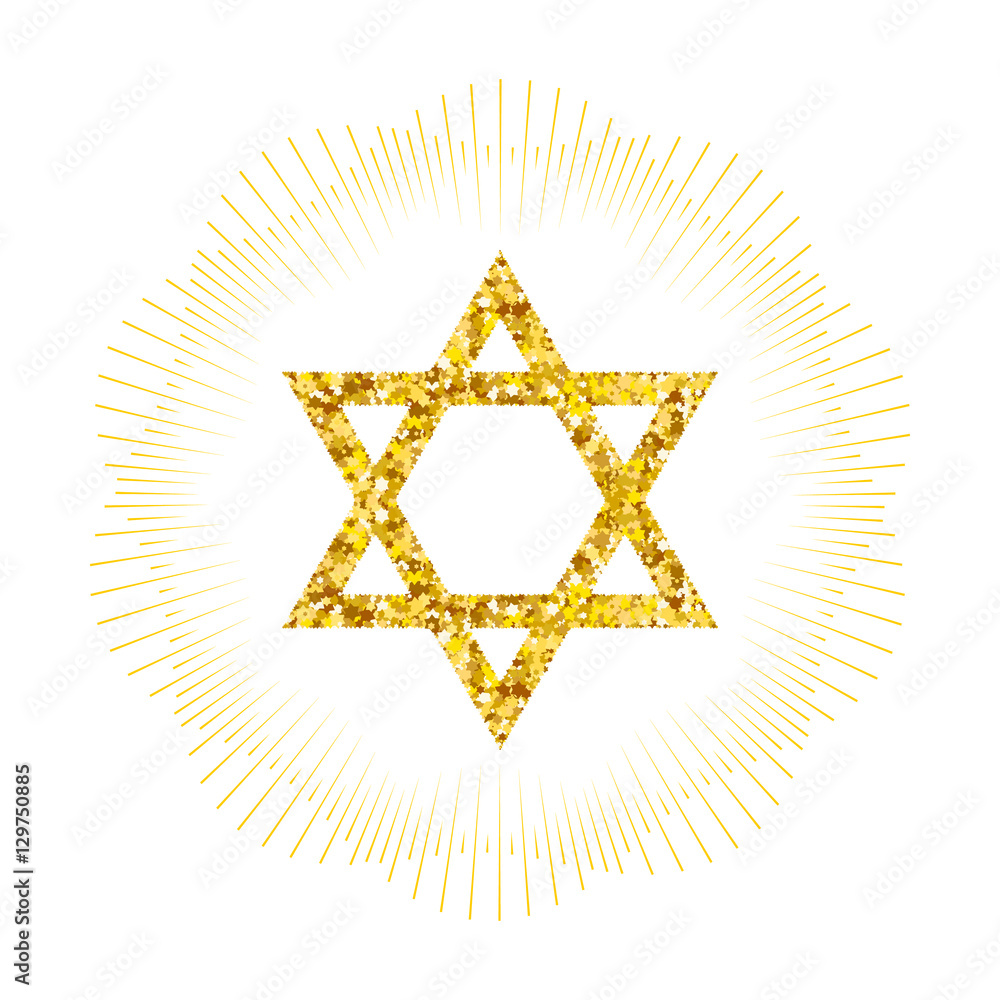 Star form with gold glitter effect. Traditional Jewish symbols. Jewish star isolated on white background. Illustration with a shiny star and rays around the star. Star form with gold glitter effect. Traditional Jewish symbols. Jewish star isolated on white background. Illustration with a shiny star and rays around the star.