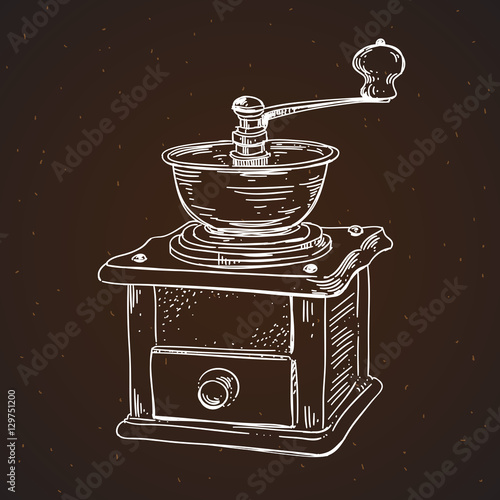 Coffee mill vintage sketch illustration. Hand drawn coffee mill drawing