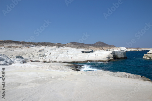 Milos - View of Sarakiniko Beach, white scenic sea cliff of pumice stone, Cyclades 