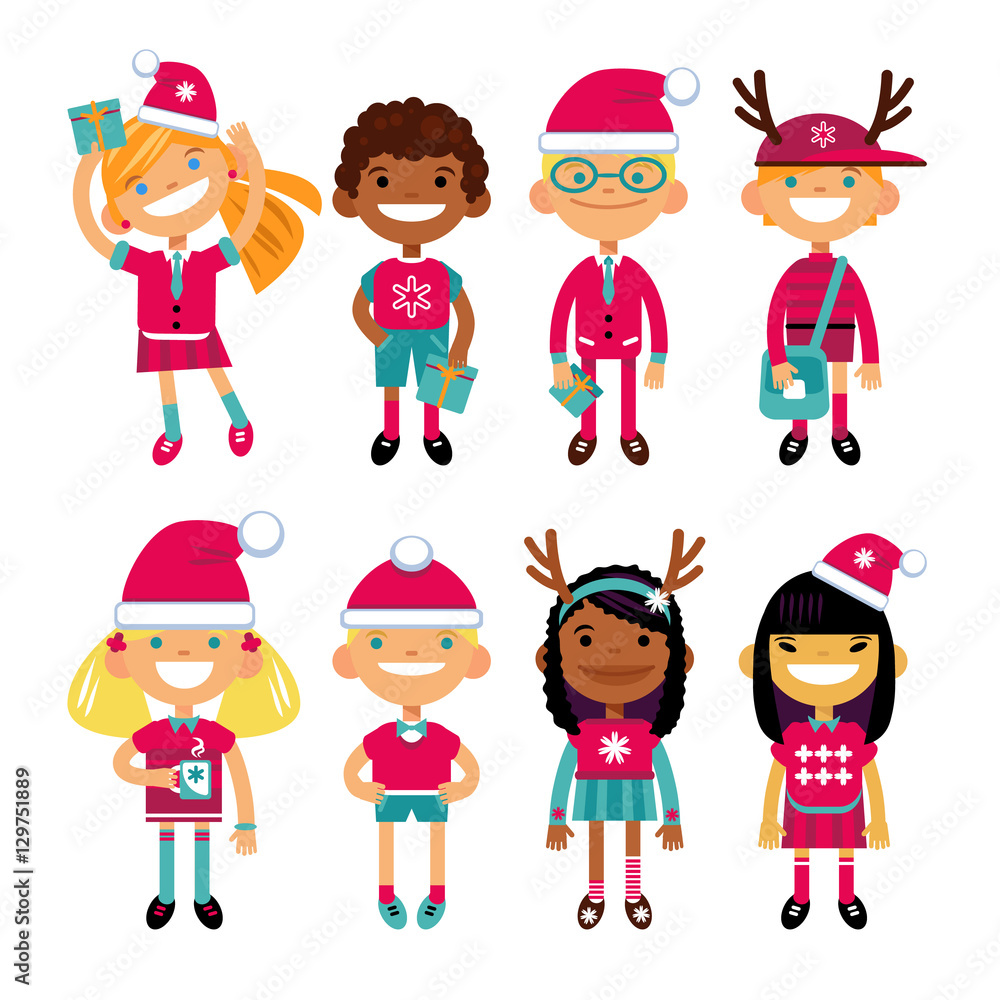 Set of characters schoolchild in Christmas costumes, the Fun in the New Year. Schoolboys and schoolgirls different nationalities.