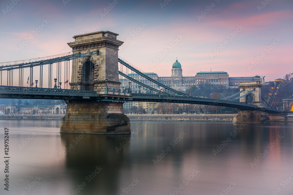 Fototapeta premium sunrise at budapest chain bridge, hungary