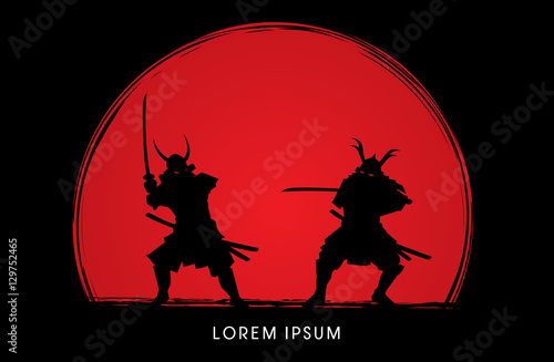 Samurai Warrior with sword, Ready to fight designed on sunset background graphic vector