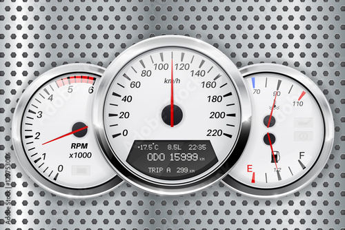 Speedometer. Car dashboard on metal perforated background