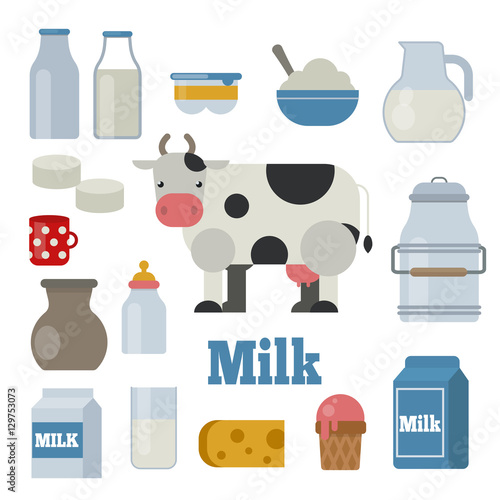 Cow, milk and dairy products vector set in flat style.