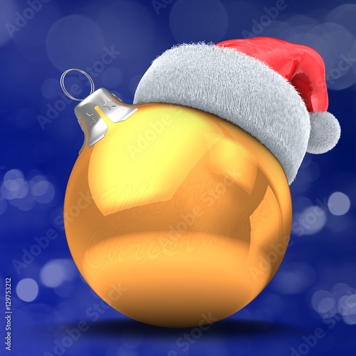 3d illustration of golden Christmas ball over bokeh blue background with Merry Christmas text and Christmas hat