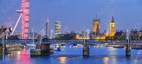 London at night. London eye, Westminster Bridge, Big Ben and Hou