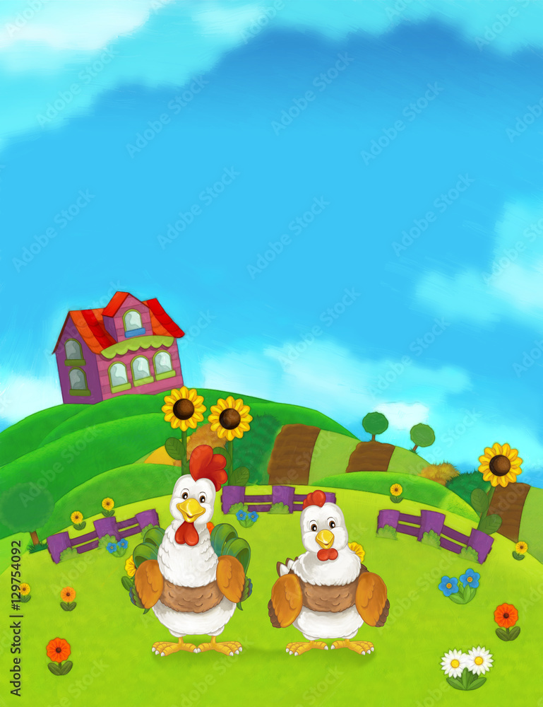 Naklejka premium Cartoon farm happy scene with standing rooster and hen - illustration for children