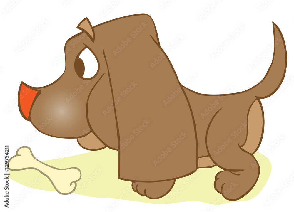 Fototapeta premium Puppi And Bone. Dog With Rawhide Mouth Snack Reward. Playful Food Symbol Outline Animal Character. Domestic Mammal Purebred Diet Nutrition.