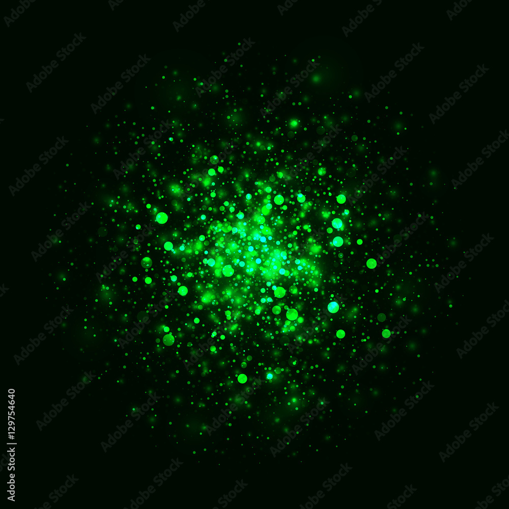 Vector green glowing light glitter abstract background. Magic energy
