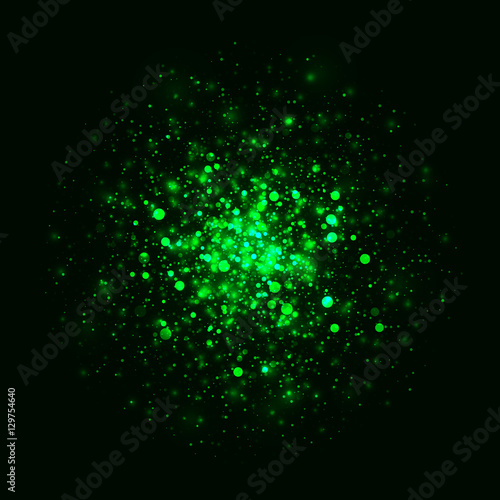 Vector green glowing light glitter abstract background. Magic energy glow light effect. Star burst with sparkles on black background