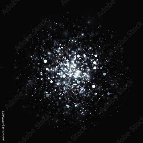 Vector silver glowing light glitter background. Christmas white magic lights background. Star burst with sparkles on black background