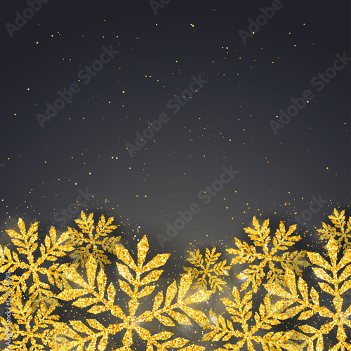 Vector Christmas New Year greeting card with sparkling glitter golden textured snowflakes. Seasonal holidays background © Oksana Kumer