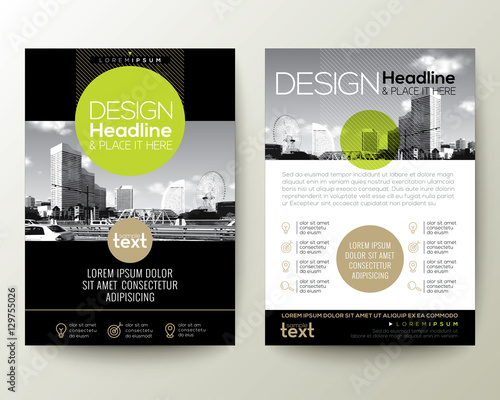 poster flyer pamphlet brochure cover design layout with circle shape graphic elements and space for photo background, black, green, gold color scheme, vector template in A4 size